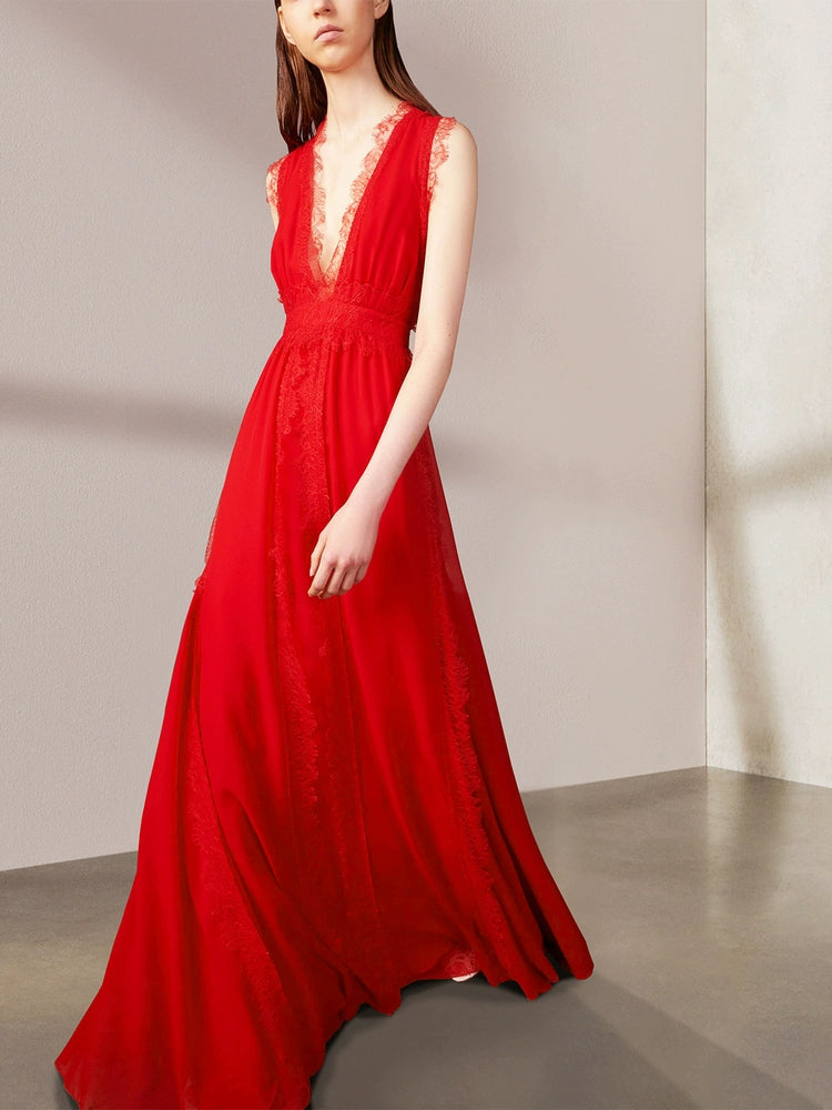 ELEGANT RED MAXI DRESS WITH SHEER LACE V - NECK