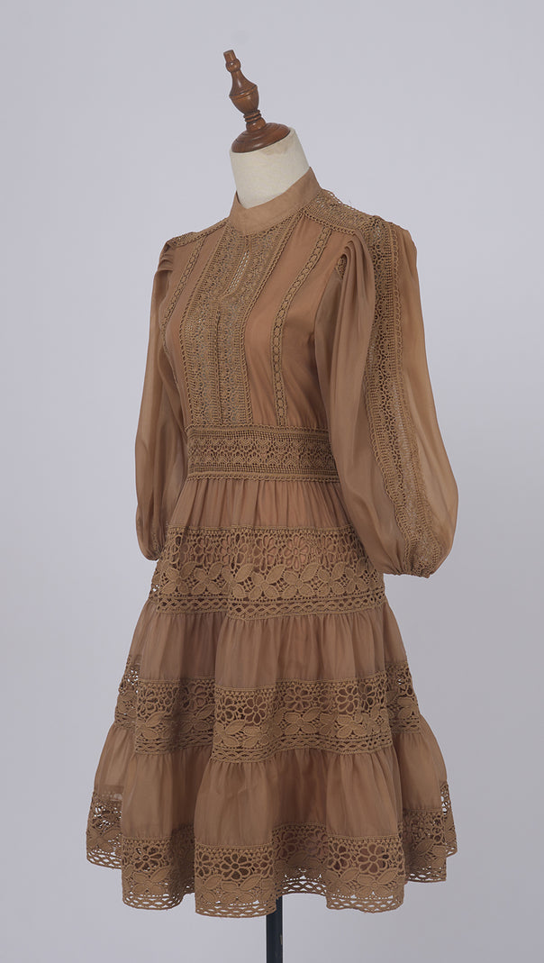 AIIZIE KHAKI LACE - TRIMMED TIERED FALL DRESS - product image