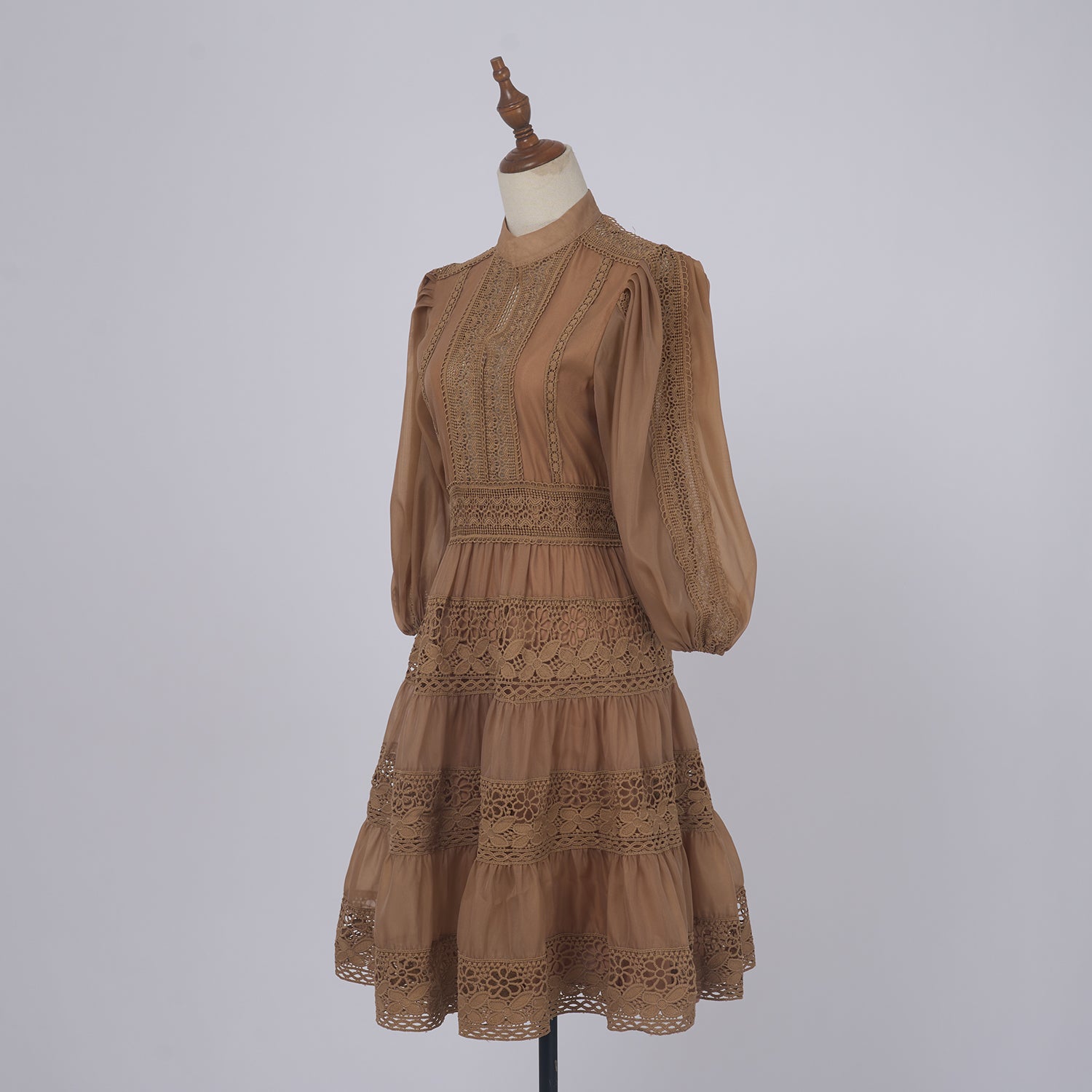 Khaki Lace - Trimmed Tiered Fall Dress