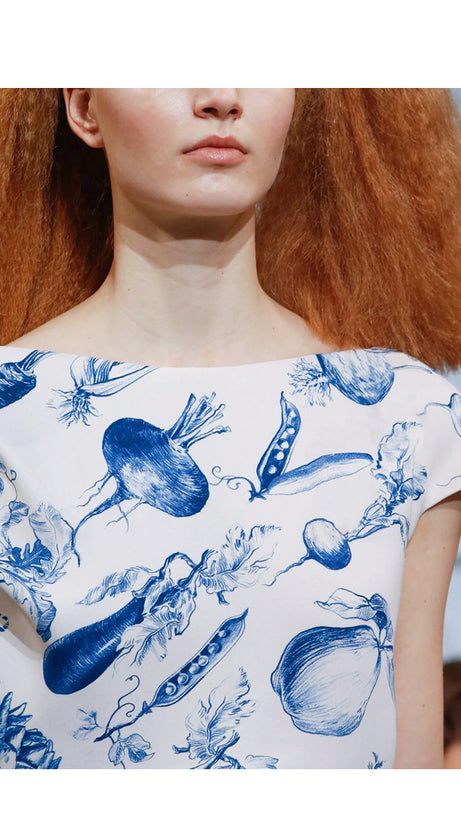 WHITE MAXI DRESS WITH BLUE VEGETABLE PRINTS AND CAP SLEEVES