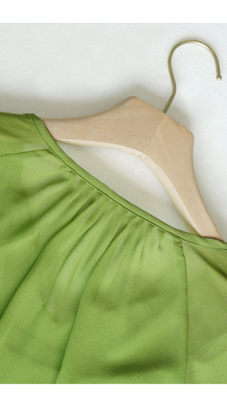 GREEN CHIFFON MAXI DRESS WITH YELLOW BELT AND SHEER SLEEVES