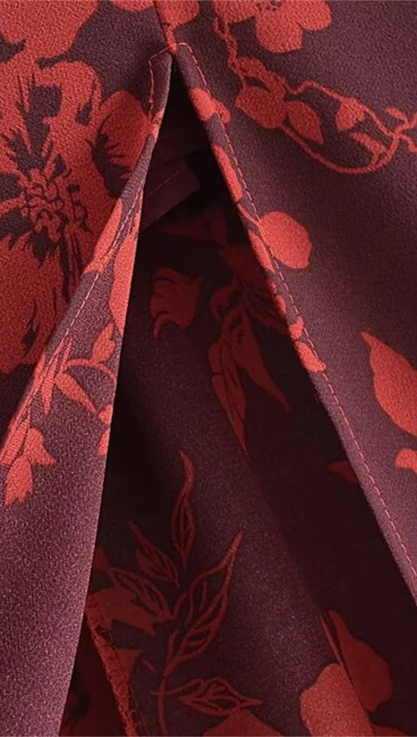 FLORAL PRINT SLIT MIDI DRESS IN BURGUNDY