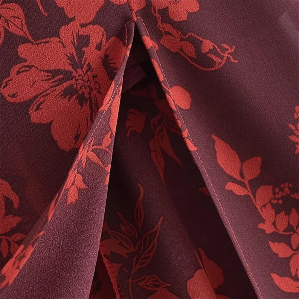 FLORAL PRINT SLIT MIDI DRESS IN BURGUNDY