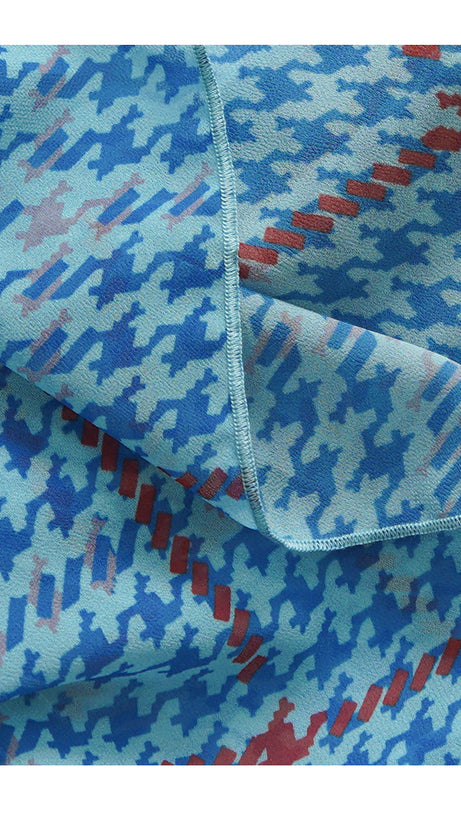 BLUE ELEGANT HOUNDSTOOTH MAXI DRESS WITH POLKA DOT ACCENTS AND RUFFLES