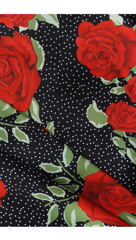 BLACK MAXI DRESS WITH RED ROSE PRINTS AND V - NECK