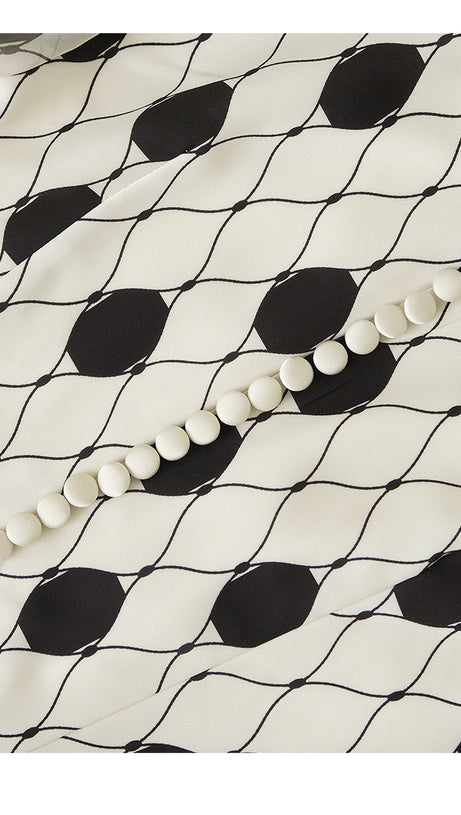 POLKA DOT SATIN GOWN WITH SHEER SLEEVES & BOW NECKLINE