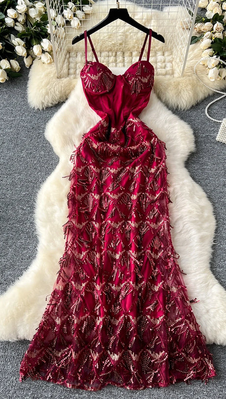 CAROL SEQUIN FRINGE MAXI DRESS IN RED