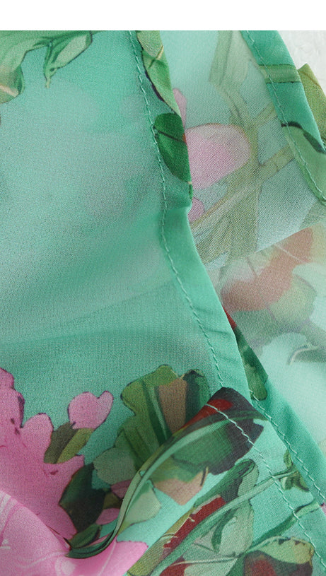 GREEN SHEER FLORAL MAXI DRESS WITH SHIRT COLLAR