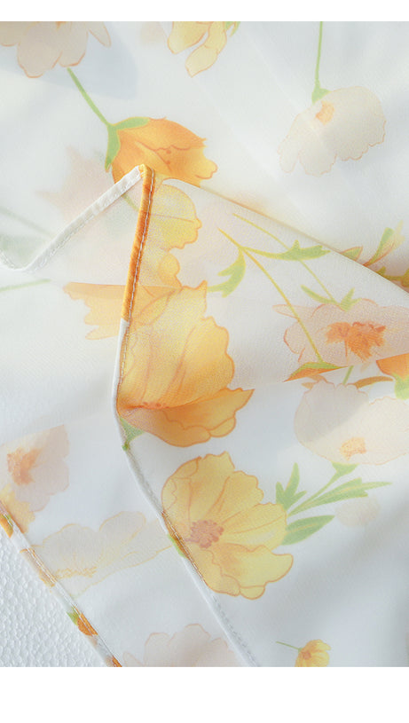 YELLOW FLORAL PRINT WRAP V - NECK MAXI DRESS WITH BELL SLEEVES