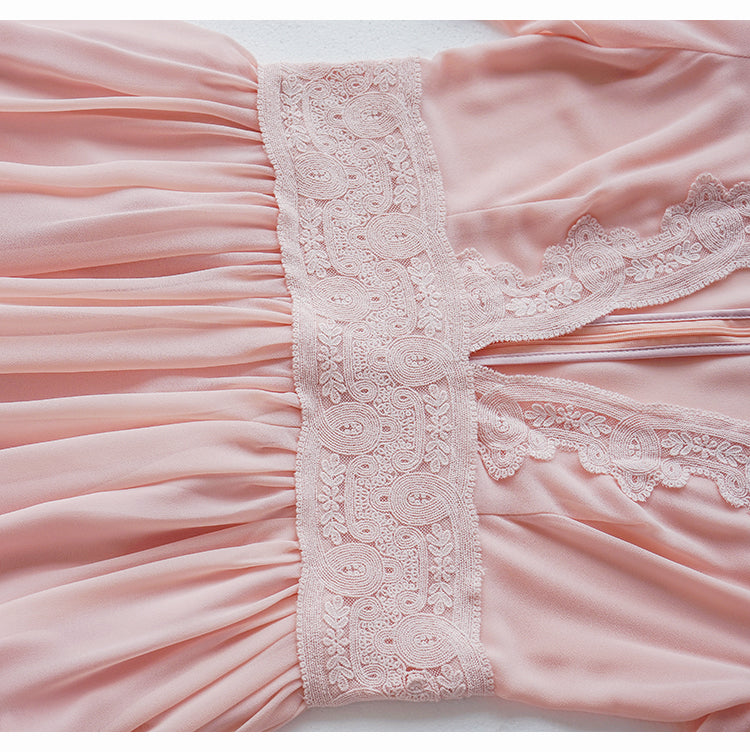 ELEGANT PINK SHEER LACE MAXI DRESS WITH EMBROIDERY