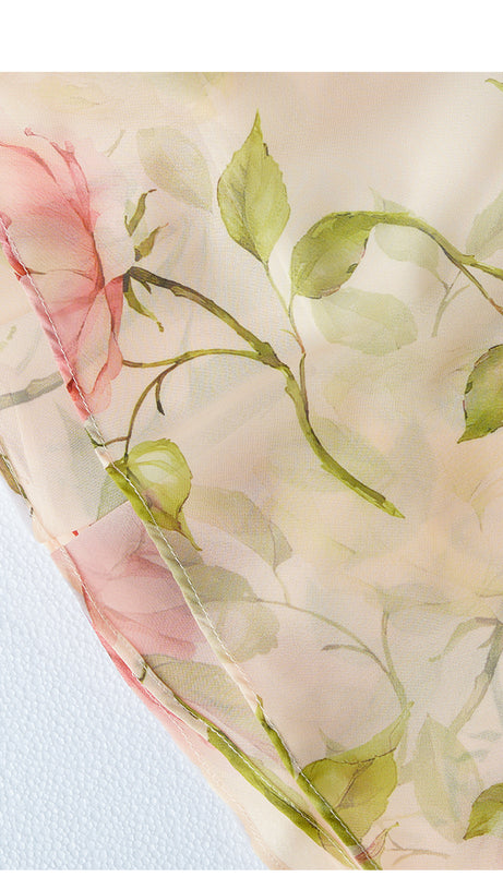 FLORAL PRINT WRAP V - NECK CHIFFON MAXI DRESS