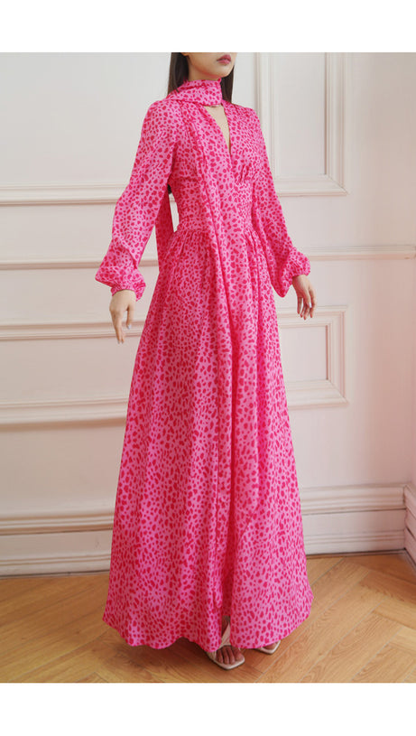 PINK LEOPARD PRINT CHIFFON MAXI DRESS WITH TIE NECKLINE