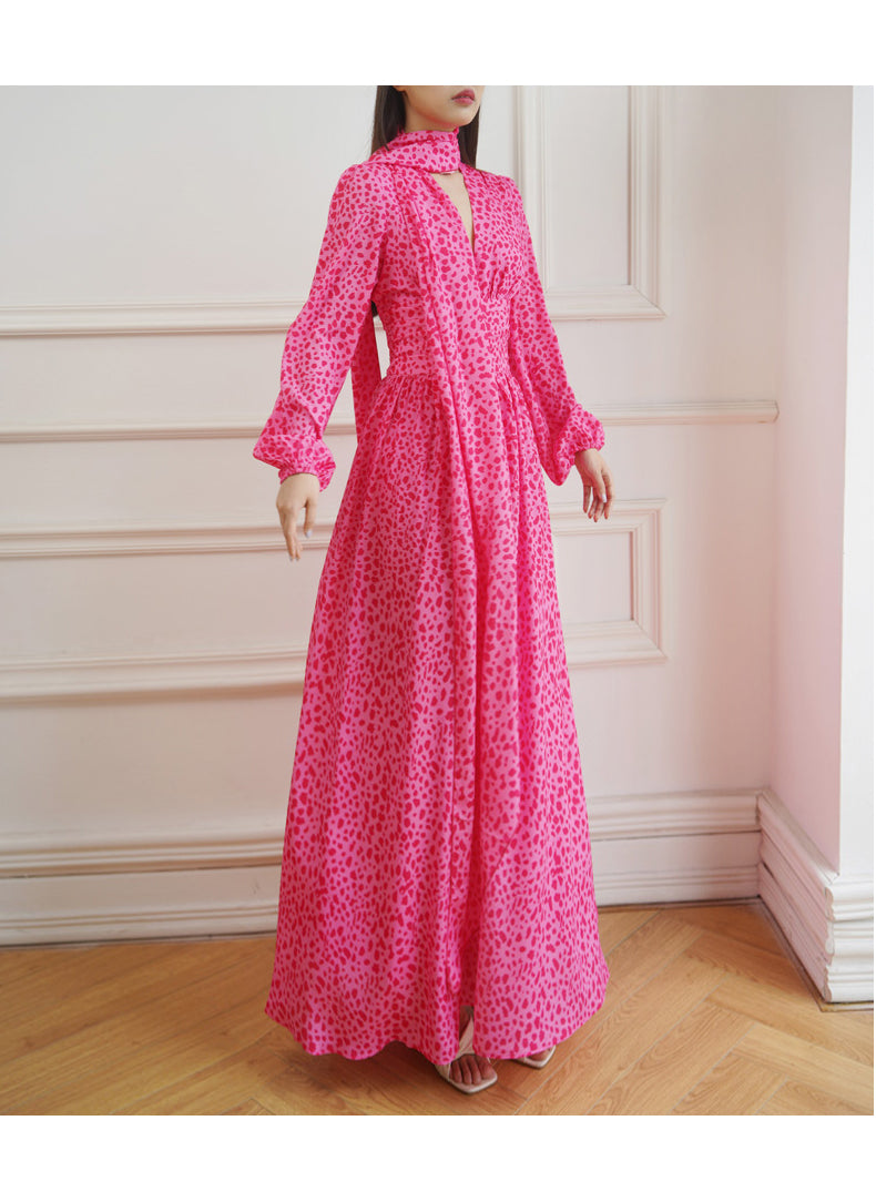 PINK LEOPARD PRINT CHIFFON MAXI DRESS WITH TIE NECKLINE