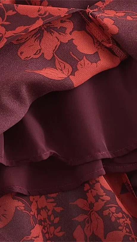 FLORAL PRINT SLIT MIDI DRESS IN BURGUNDY