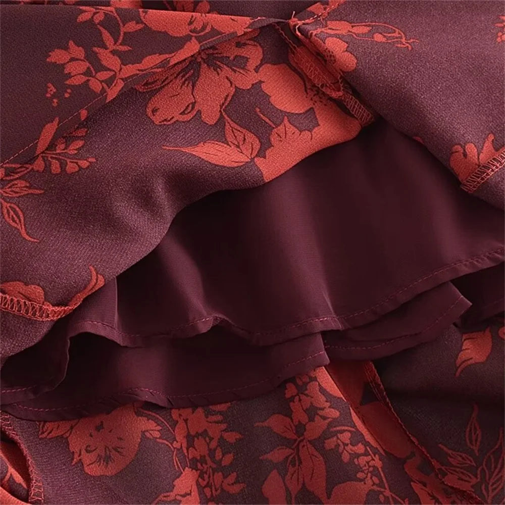FLORAL PRINT SLIT MIDI DRESS IN BURGUNDY