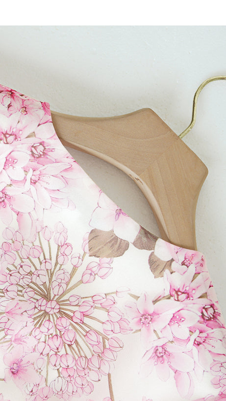 PINK FLORAL CHIFFON MAXI DRESS WITH SHEER SLEEVES