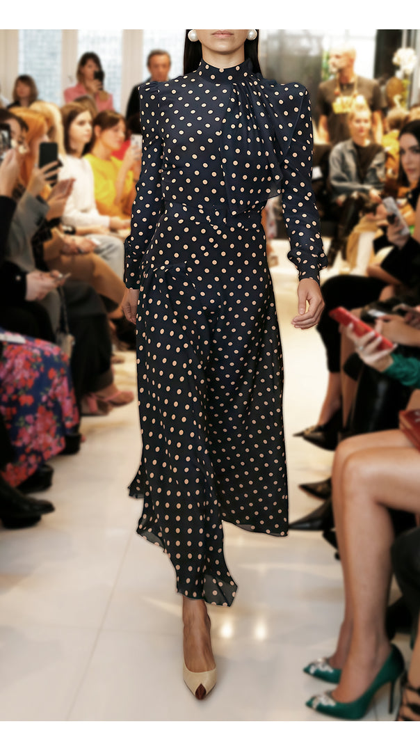 AIIZIE ELEGANT POLKA DOT MIDI DRESS WITH TIE NECKLINE AND BELT - product image