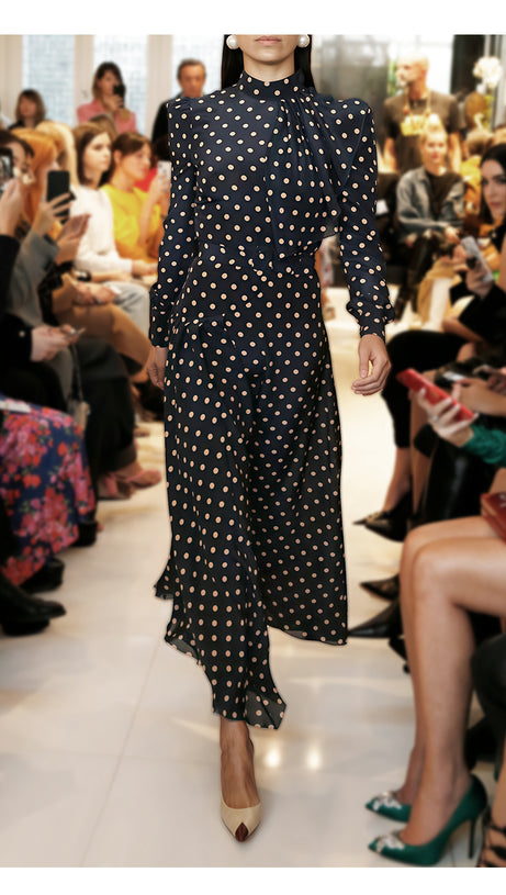 ELEGANT POLKA DOT MIDI DRESS WITH TIE NECKLINE AND BELT