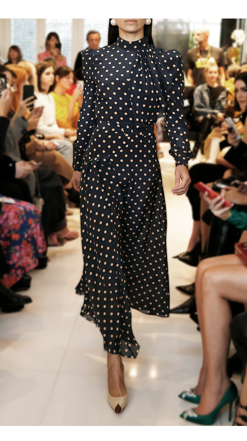 ELEGANT POLKA DOT MIDI DRESS WITH TIE NECKLINE AND BELT