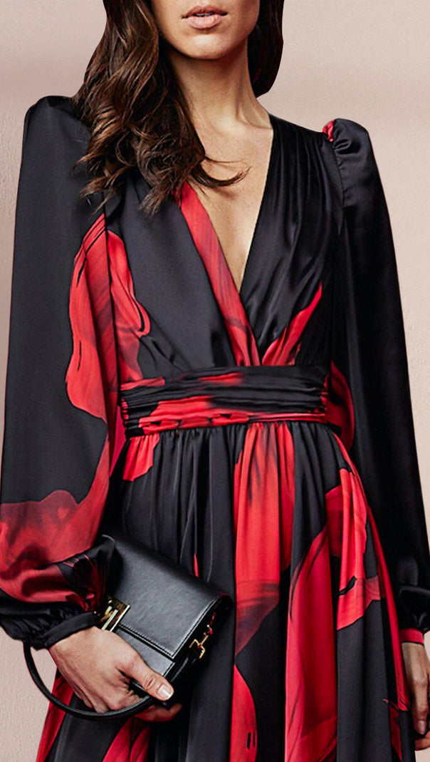 AIIZIE BLACK MAXI DRESS WITH RED PRINTS, PUFF SLEEVES & V - NECK - product image
