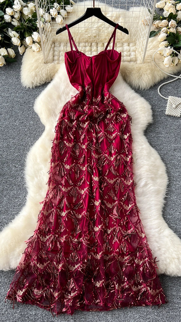 AIIZIE CAROL SEQUIN FRINGE MAXI DRESS IN RED - product image