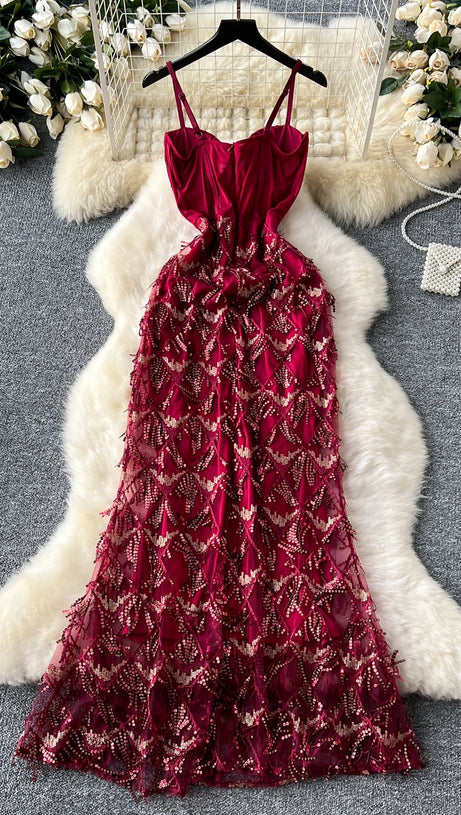 CAROL SEQUIN FRINGE MAXI DRESS IN RED