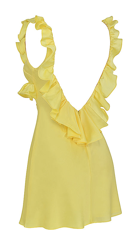 GELBES MINIKLEID AUS SATIN MIT RÜSCHEN UND BUTTERCUP-MUSTER