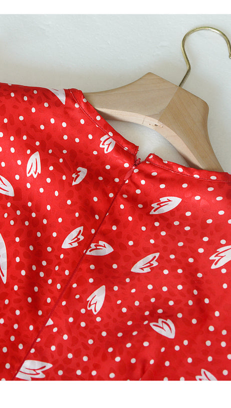 RED FLORAL AND POLKA DOT MAXI DRESS WITH LONG SLEEVES