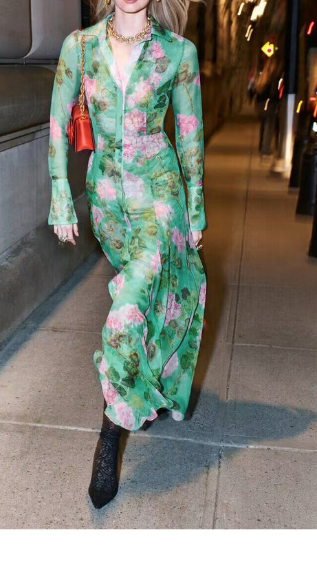 GREEN SHEER FLORAL MAXI DRESS WITH SHIRT COLLAR