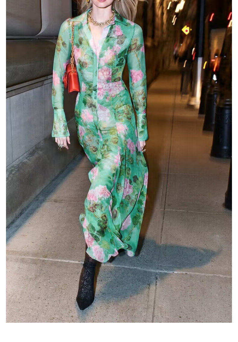 GREEN SHEER FLORAL MAXI DRESS WITH SHIRT COLLAR
