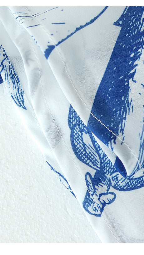 WHITE MAXI DRESS WITH BLUE VEGETABLE PRINTS AND CAP SLEEVES