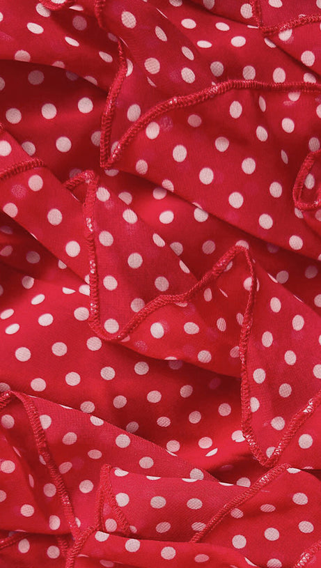 RED POLKA DOT TIERED MAXI DRESS WITH SHEER SLEEVES