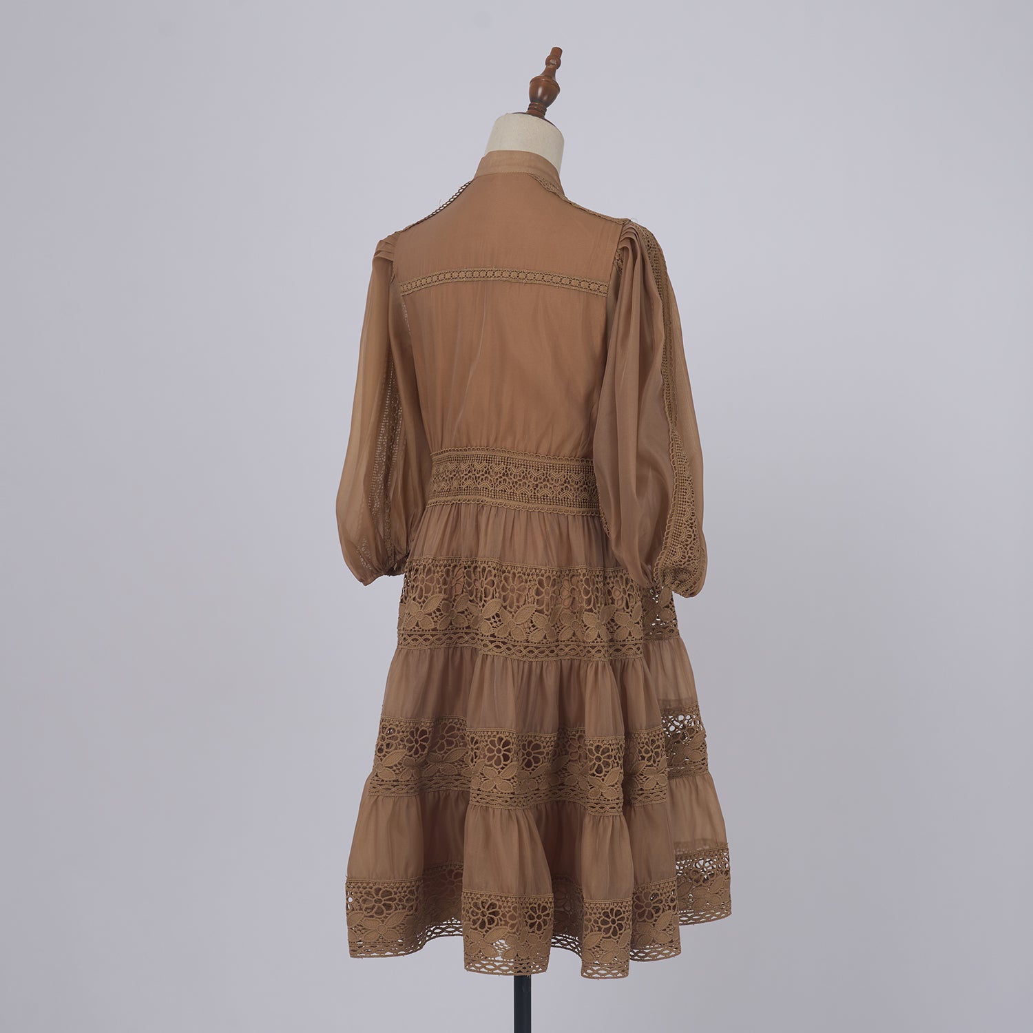 KHAKI LACE - TRIMMED TIERED FALL DRESS