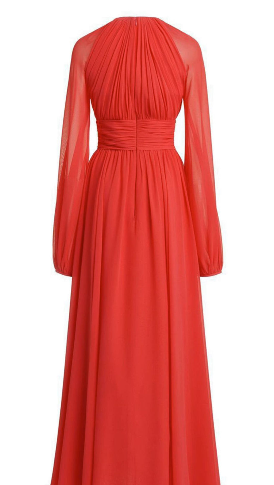 RED CHIFFON MAXI DRESS WITH SHEER SLEEVES AND CUTOUT
