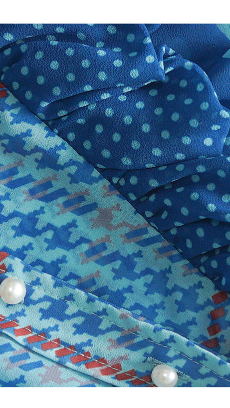 BLUE ELEGANT HOUNDSTOOTH MAXI DRESS WITH POLKA DOT ACCENTS AND RUFFLES