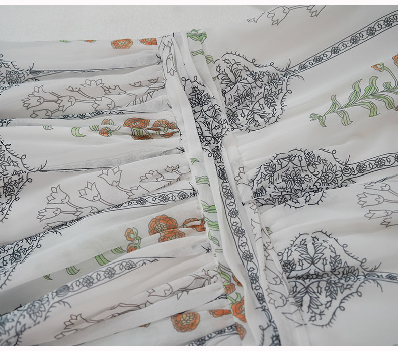 WHITE HIGH - WAIST SLIM FLORAL PRINTED LONG - SLEEVE MAXI FLARED DRESS