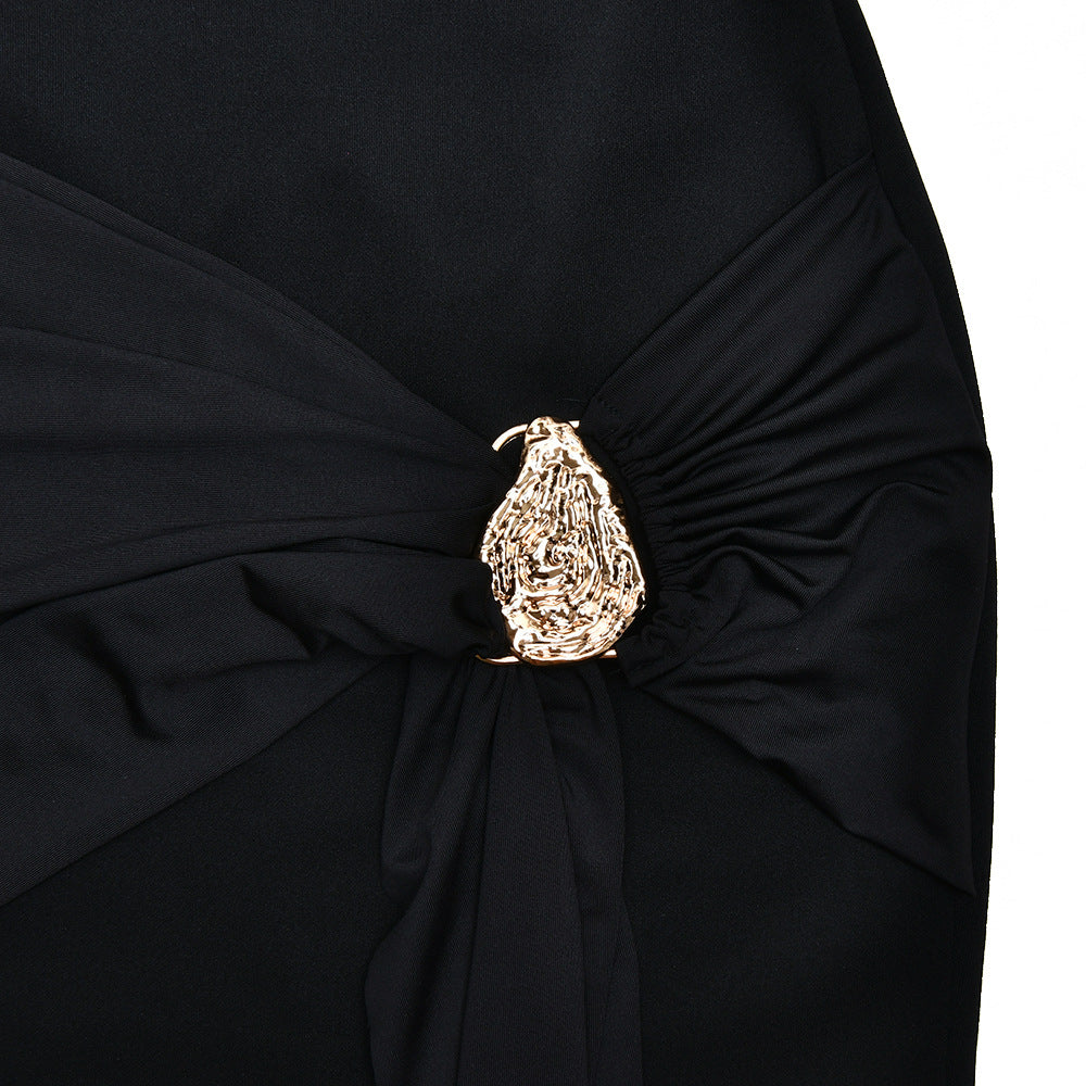 DRAPED EMBELLISHED MINI DRESS - BLACK