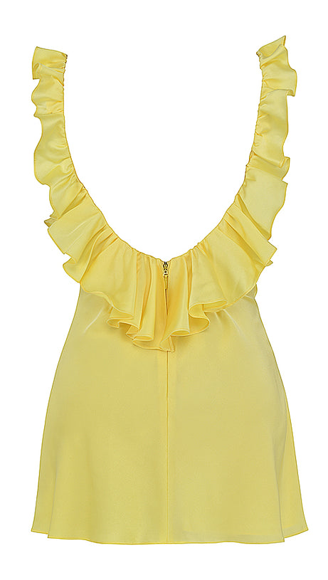 GELBES MINIKLEID AUS SATIN MIT RÜSCHEN UND BUTTERCUP-MUSTER