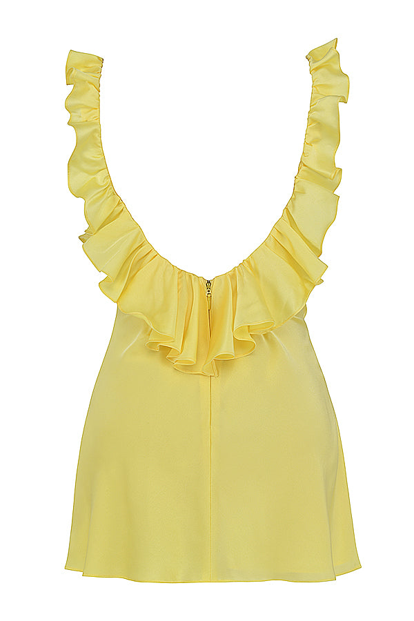 YELLOW BUTTERCUP SATIN RUFFLE MINI DRESS