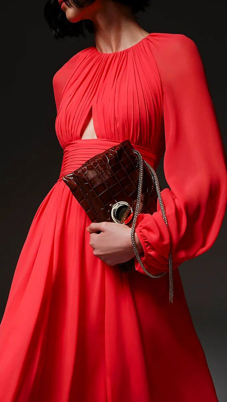 RED CHIFFON MAXI DRESS WITH SHEER SLEEVES AND CUTOUT