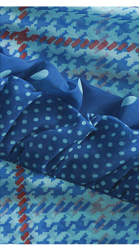 BLUE ELEGANT HOUNDSTOOTH MAXI DRESS WITH POLKA DOT ACCENTS AND RUFFLES