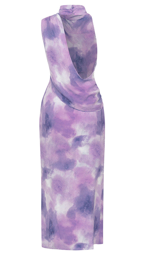 TIE DYE SPLIT THIGH BACKLESS DRESS IN PURPLE