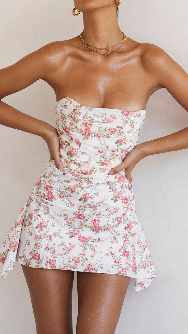 AIIZIE FLORAL PRINTS DRAPED STRAPLESS MINI DRESS - product image