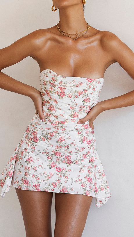 DRAPIERTES TRÄGERLOSES MINIKLEID MIT BLUMENPRINT