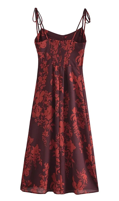 floral print slit midi dress in Burgundy