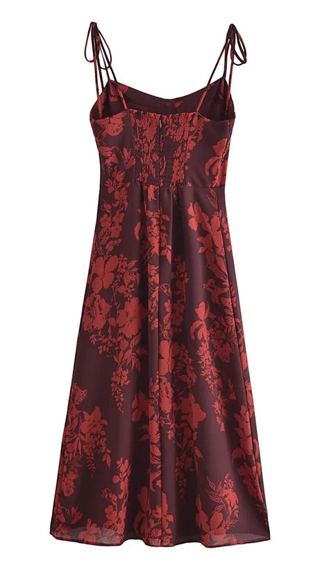 FLORAL PRINT SLIT MIDI DRESS IN BURGUNDY