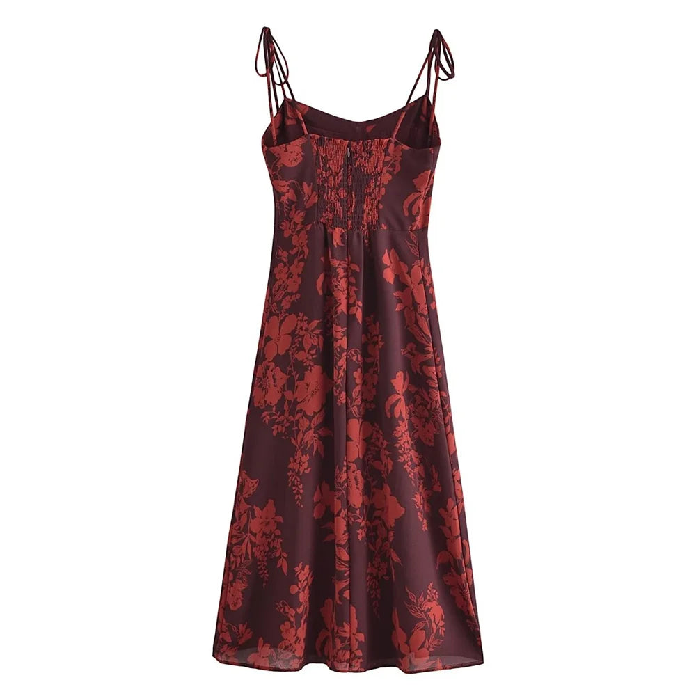 FLORAL PRINT SLIT MIDI DRESS IN BURGUNDY