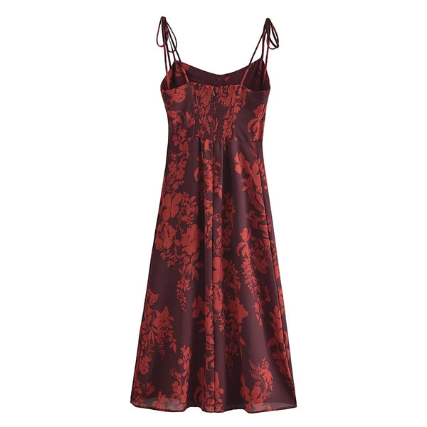 floral print slit midi dress in Burgundy