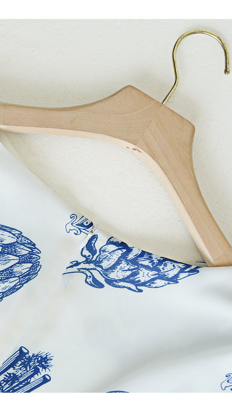 WHITE MAXI DRESS WITH BLUE VEGETABLE PRINTS AND CAP SLEEVES