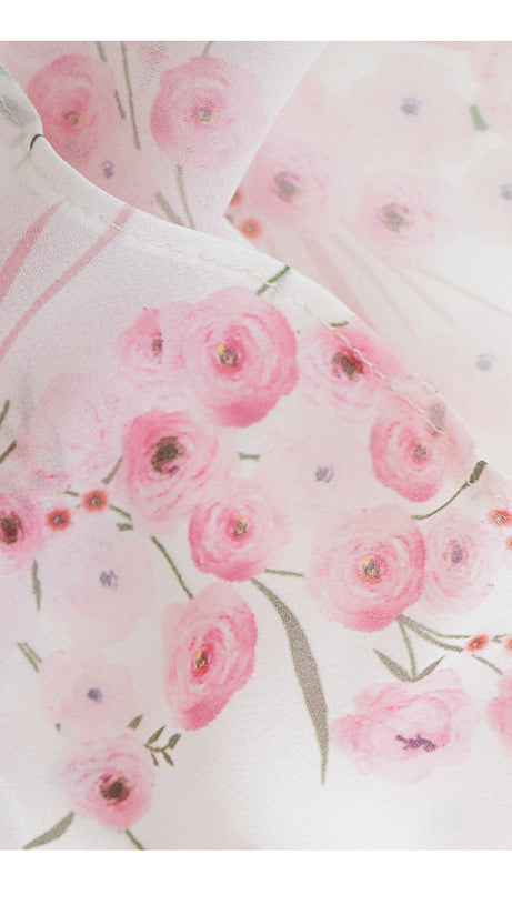 PINK FLORAL CHIFFON MAXI DRESS WITH LONG SLEEVES